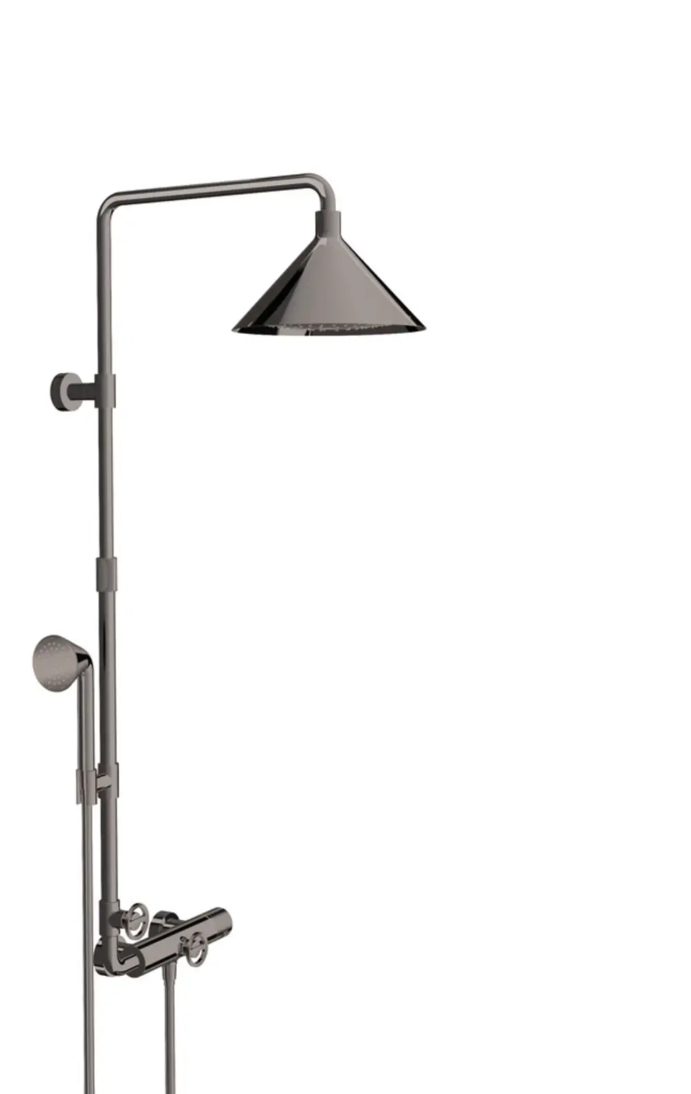 Schwarze Dusche mit Thermostat, Kopfbrause und Handbrause, montiert an einer Wand. Das Produkt stammt von AXOR.